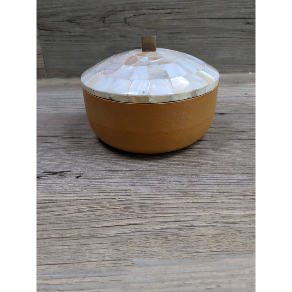 Round Tan Wooden Bowl Mother of Pearl Inlay Lid Trinket Box - Picture 2 of 8